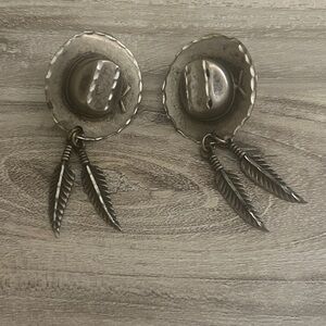 Silver Western Hat Earrings with Feather Charms